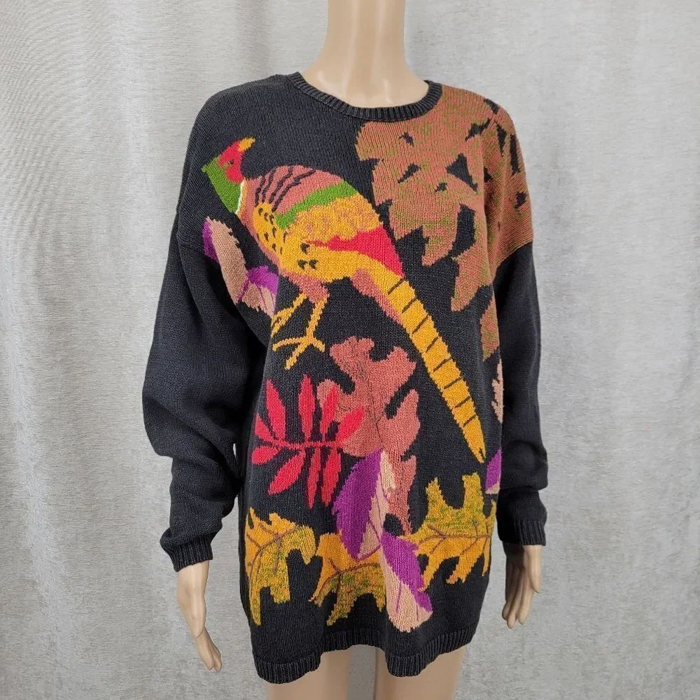 Vintage Pheasant Bird Fall Leaves Knit Sweater Black Crewneck